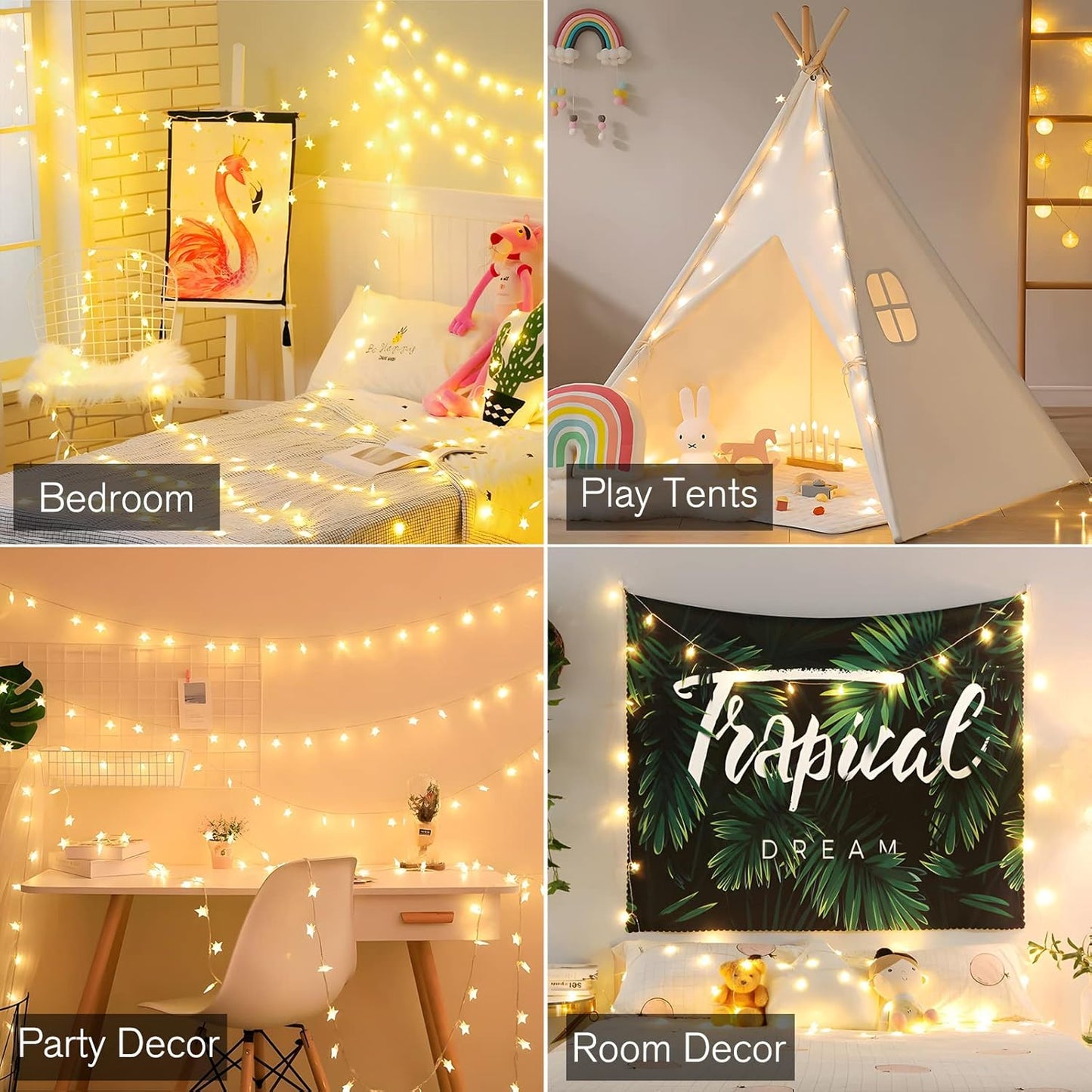 Collage of room decor including bedroom, play tents, party decor, and tropical-themed wall art.