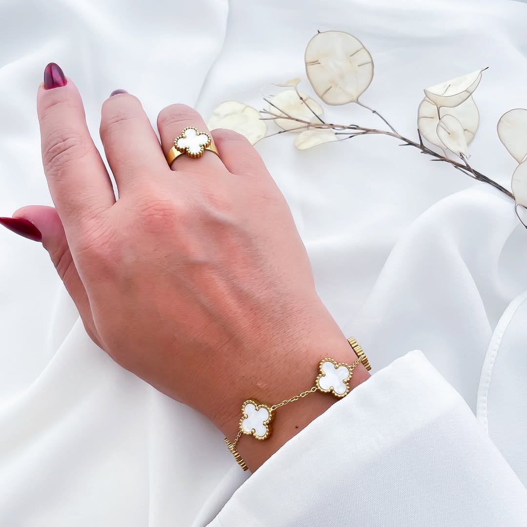 White Leaf Bracelet & Ring Set