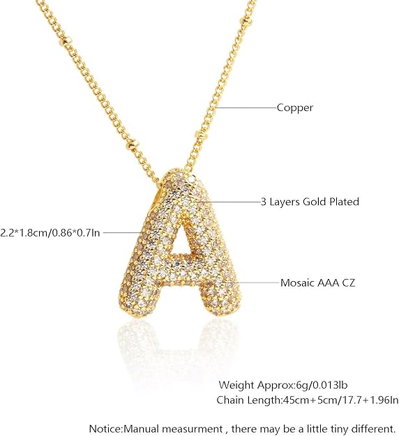 Gold necklace with letter 'A' pendant on a white background