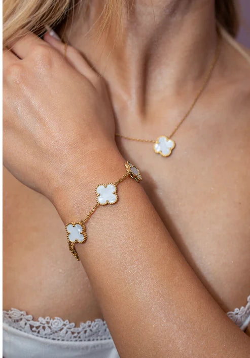 Lucky 4 Leaf White Bracelet & Necklace Set
