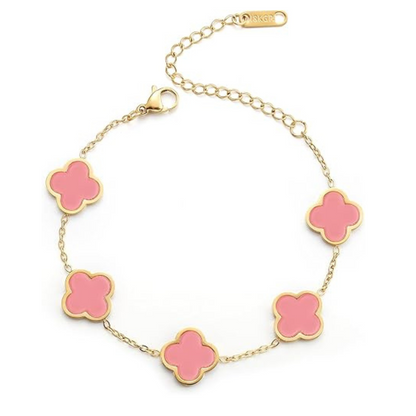 18K Gold Plated Hot Pink Five Leaf Lucky Bracelets Stainless Steel