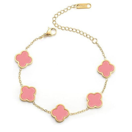 18K Gold Plated Hot Pink Five Leaf Lucky Bracelets Stainless Steel