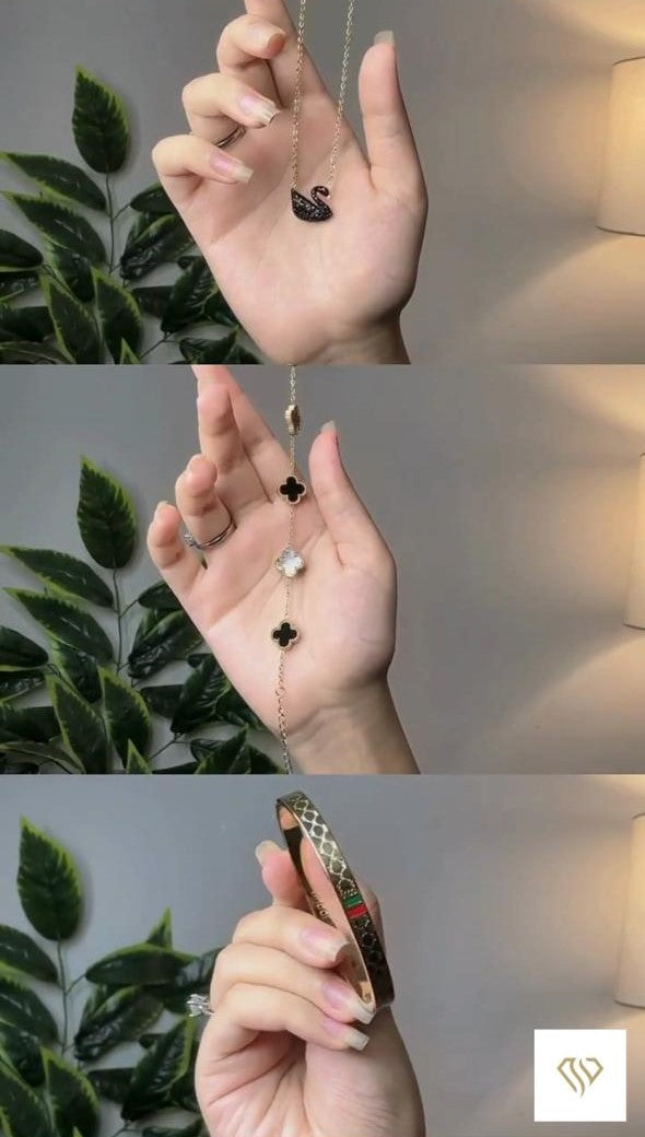 Black Clover & Charm Bracelet with Swan Necklace